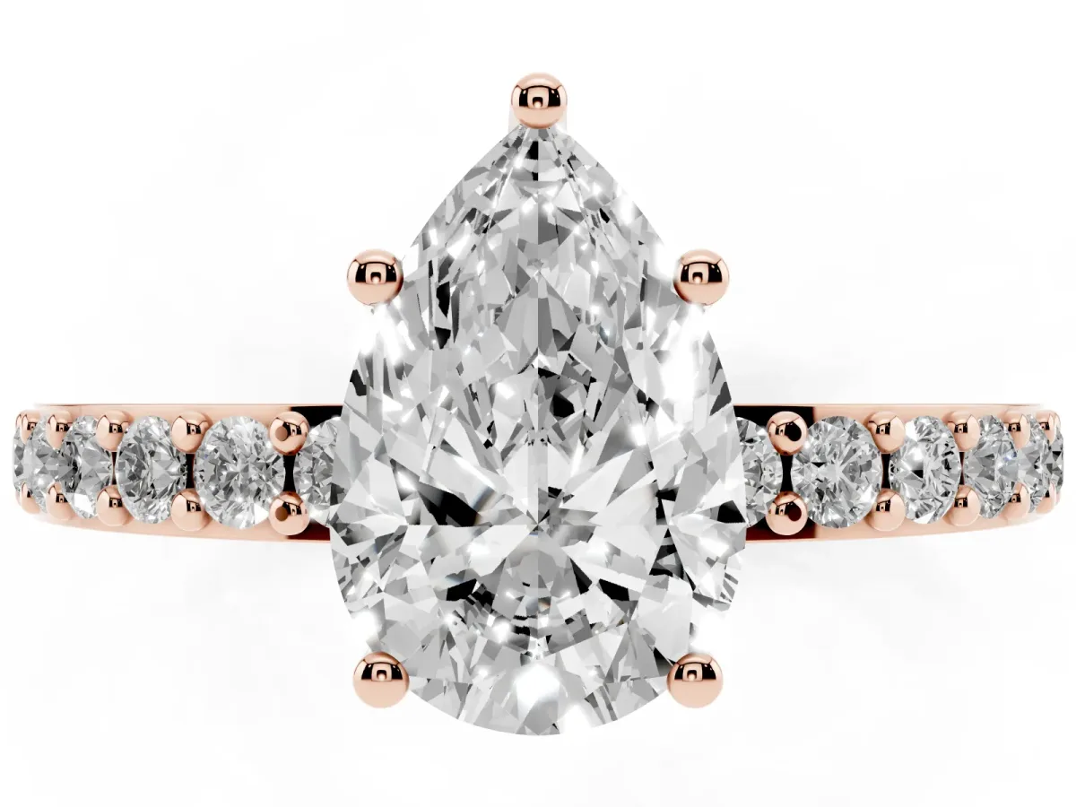 Pear Cut Cut Diamond Solitaire with Pave Band and Four-Prong Setting Rose gold
