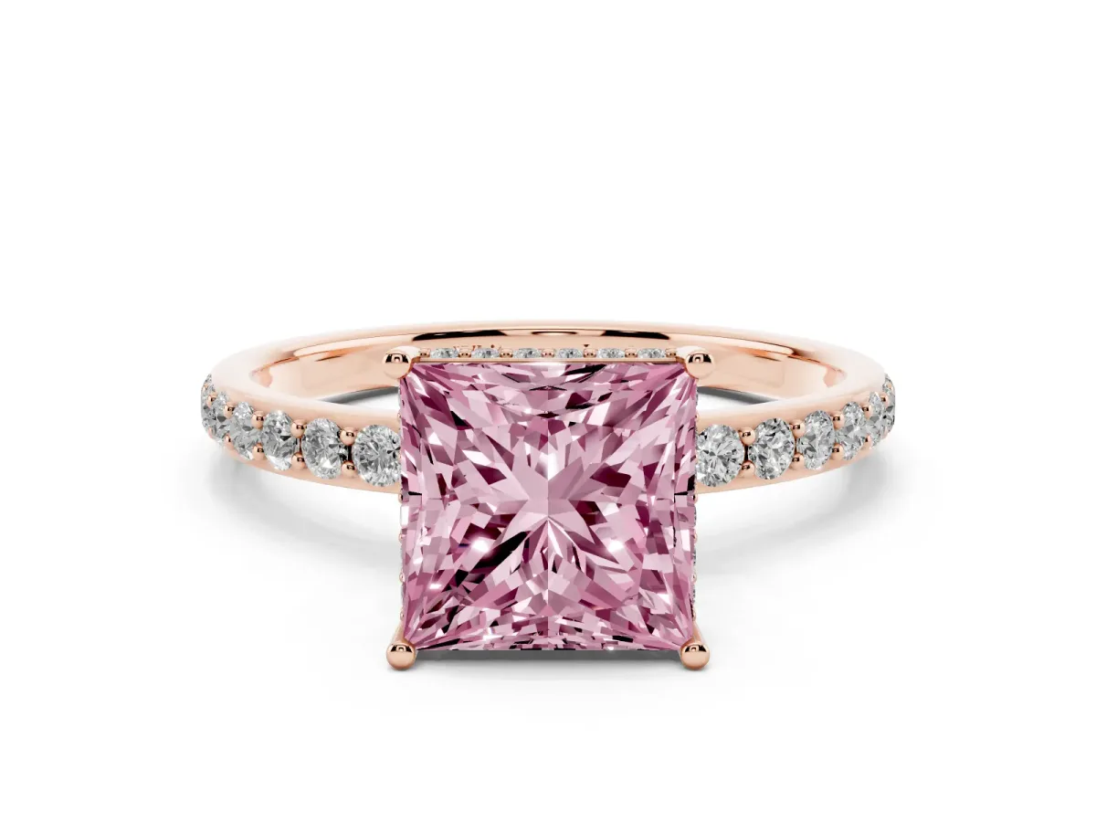 Fancy Pink Princess Cut Diamond Solitaire Ring with Pavé Band and Hidden Halo Rose gold