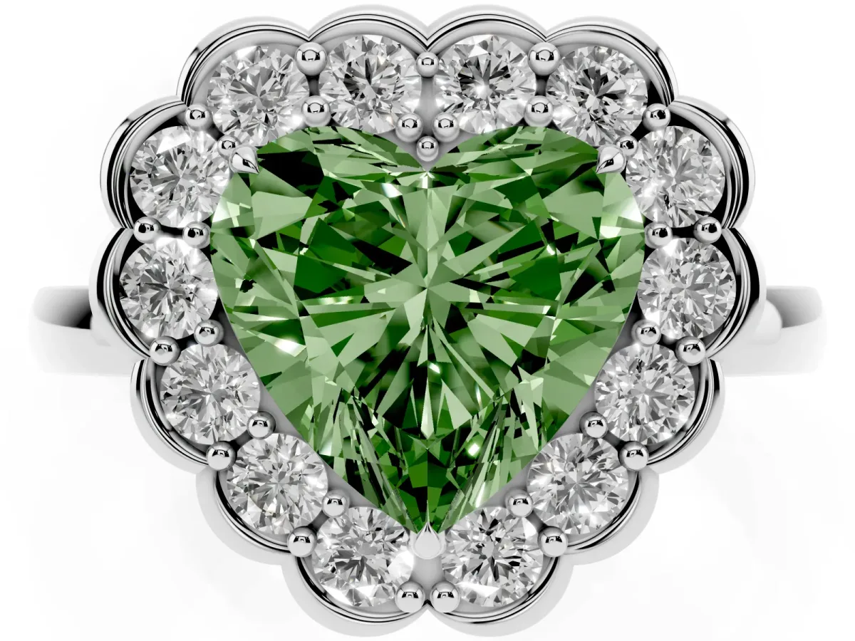 Fancy Green Heart Cut Halo Cluster Diamond Engagement Ring with Solitaire Band and Prong Setting Silver