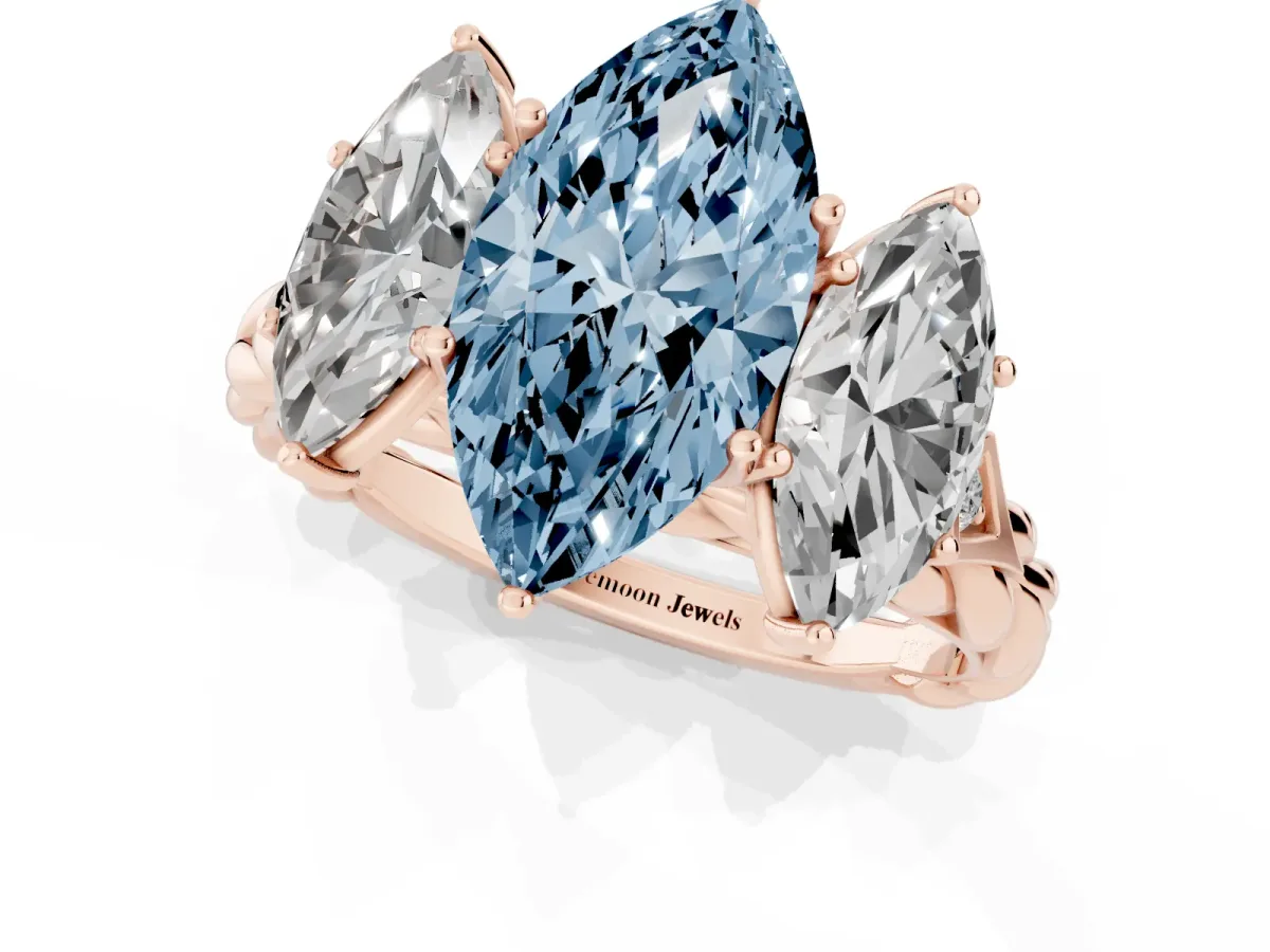 Fancy Blue Three-Stone Marquise Cut Diamond Braided Band Ring with Four-Prong Setting Rose gold