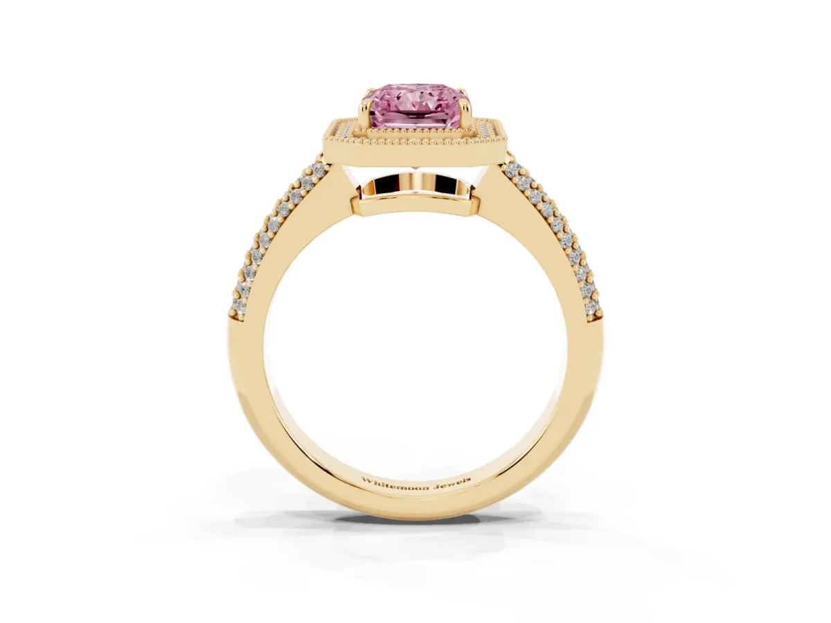 Fancy Pink Radiant Cut Cut Halo Diamond Pave Band with Four-Prong Setting Yellow gold
