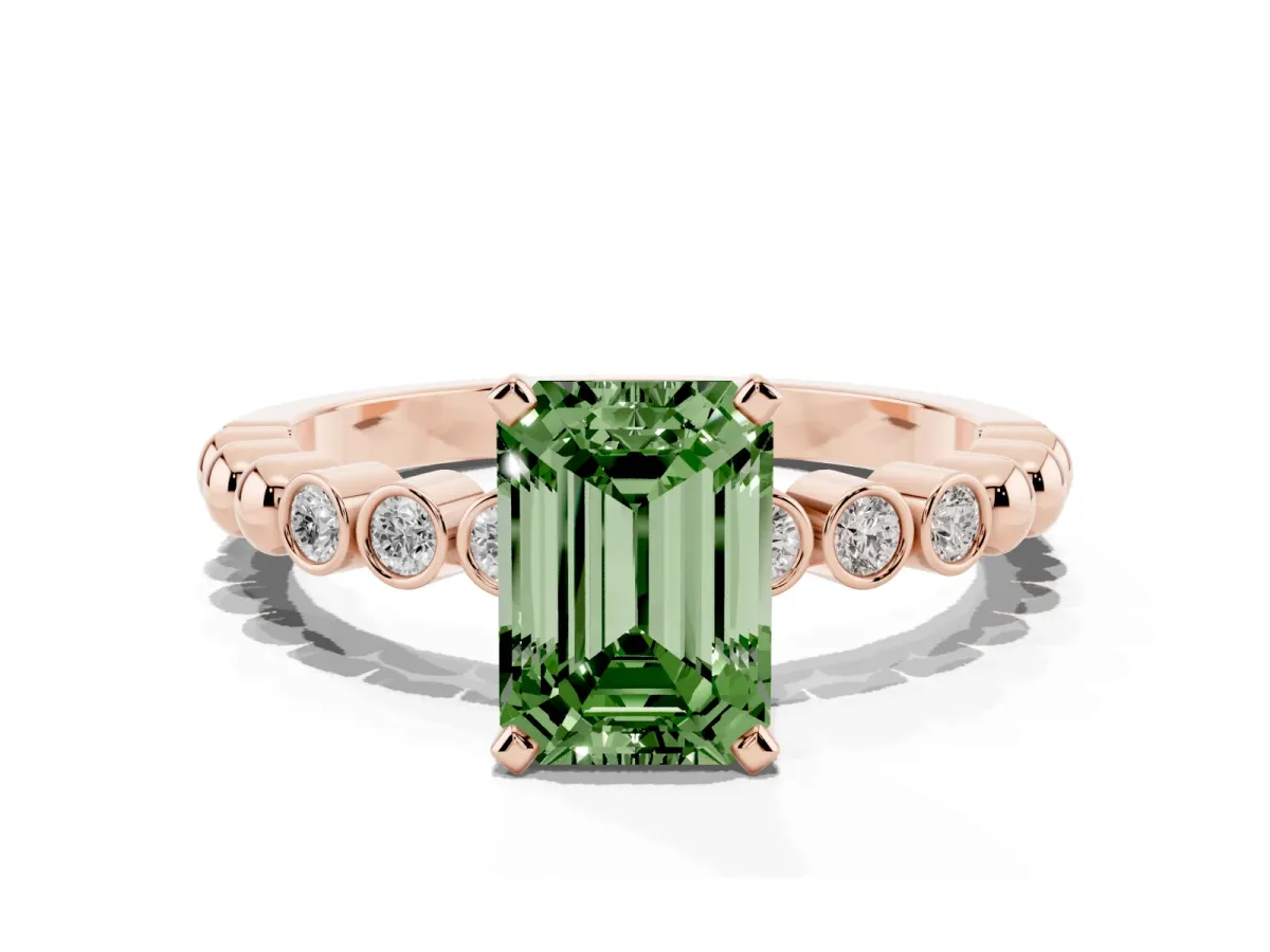 Fancy Green Emerald Cut Solitaire Bezel Accent Diamond Engagement Ring with Beaded Band and Four-Prong Setting Rose gold