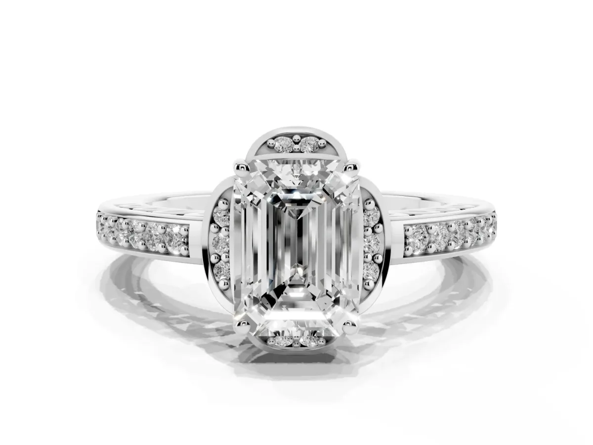 Emerald Cut Cut Halo Diamond Ring with Channel Set Band and Four-Prong Setting Silver