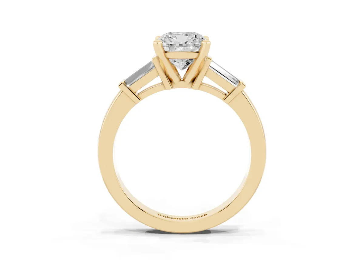 Cushion Cut Cut Diamond Solitaire Ring with Tapered Baguette Accents and Four-Prong Setting Yellow gold
