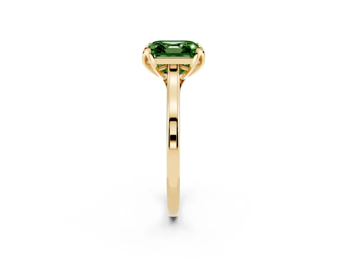 Fancy Green Asscher Cut Diamond Solitaire Ring with Flower Prong Setting and Classic Band Yellow gold