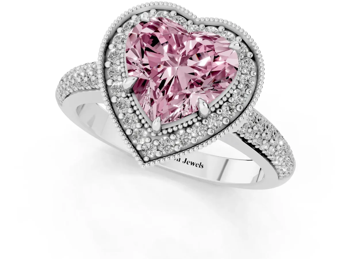 Fancy Pink Heart Cut Cut Halo Diamond Pave Band with Four-Prong Setting Silver