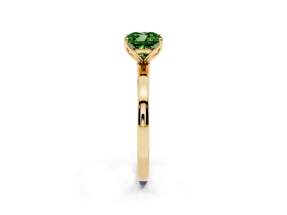 Fancy Green Cushion Cut Diamond Solitaire Ring with Thin Band and Prong Setting Yellow gold