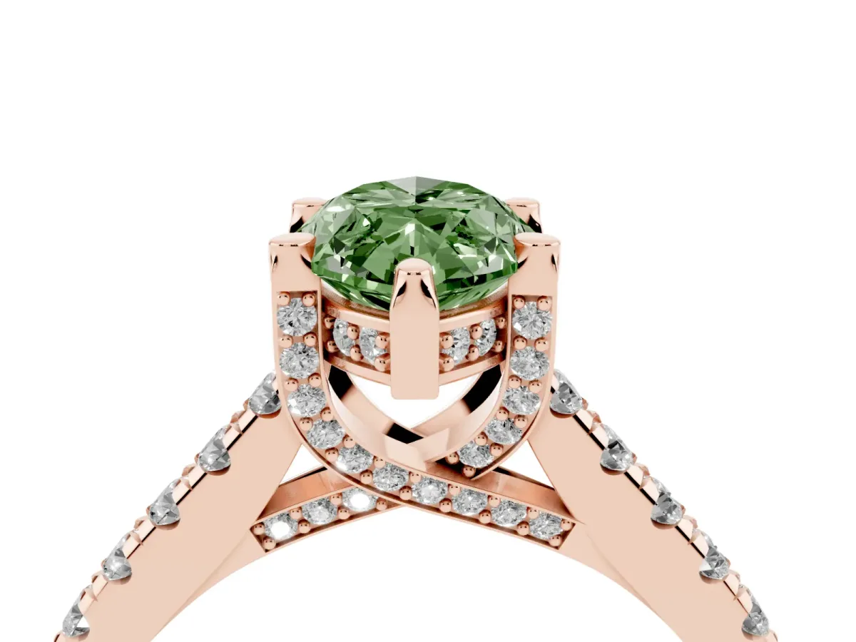 Fancy Green Marquise Cut Brilliant Diamond Solitaire with Pavé Band and Four-Prong Setting Rose gold