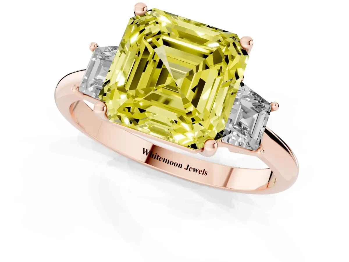 Fancy Yellow Asscher Cut Diamond Three-Stone Ring with Trapezoid Side Stones and Prong Setting Rose gold