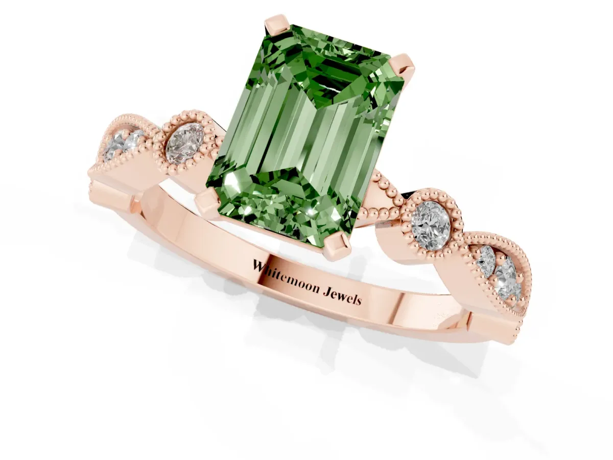 Fancy Green Emerald Cut Milgrain Bezel Diamond Engagement Ring with Solitaire Prong Setting Rose gold
