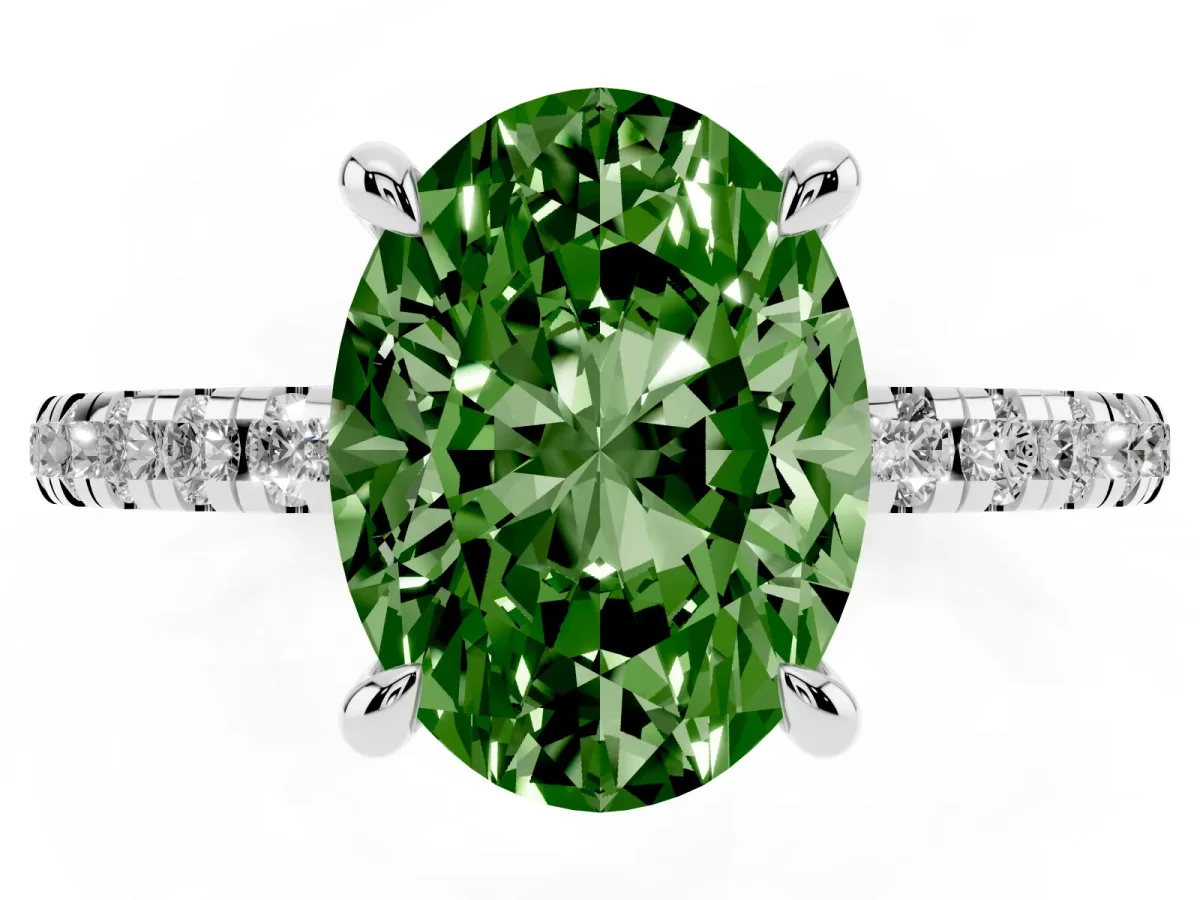 Fancy Green Oval Cut Diamond Brilliant Solitaire Ring with Pavé Band and Four-Prong Setting Platinum