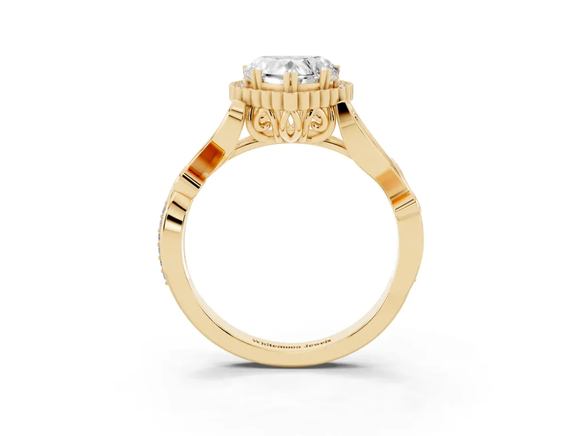 Heart Cut Diamond Halo Ring with Vintage Split Shank and Four-Prong Setting Yellow gold