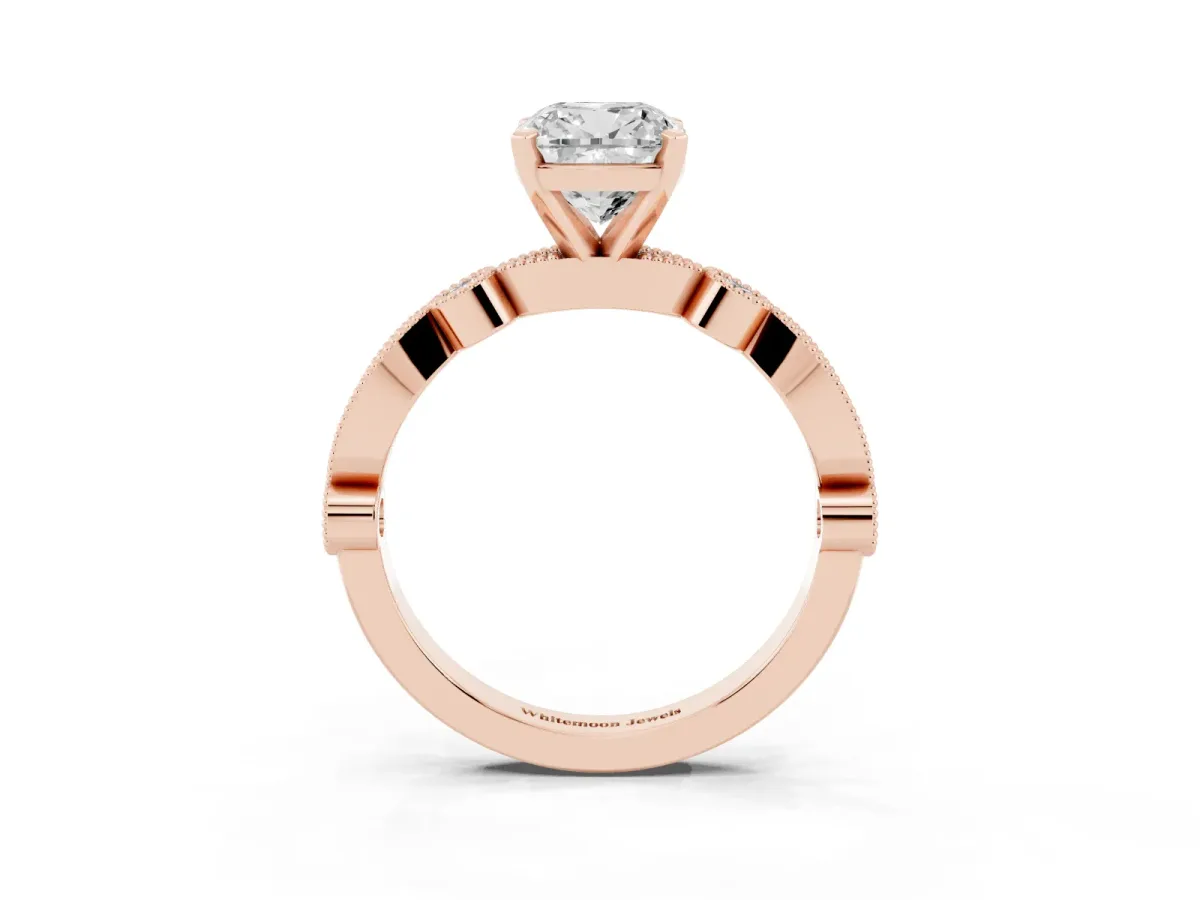 Cushion Cut Milgrain Bezel Diamond Engagement Ring with Solitaire Prong Setting Rose gold