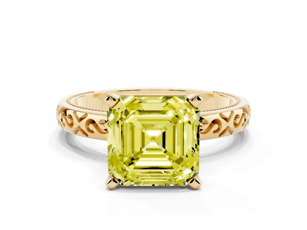 Fancy Yellow Asscher Cut Solitaire Engagement Ring with Scrollwork Band and Four-Prong Setting Yellow gold