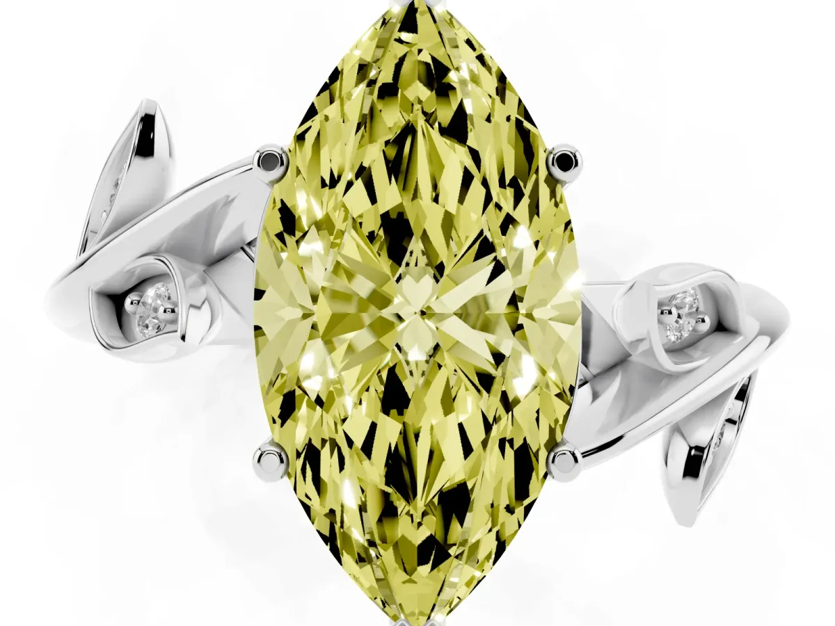 Fancy Yellow Marquise Cut Solitaire Twist Engagement Ring with Leaf Accents and Prong Setting Silver