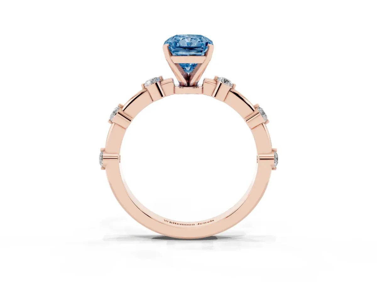 Fancy Blue Radiant Cut Solitaire Diamond Ring with Bezel Set Side Stones and Prong Setting Rose gold