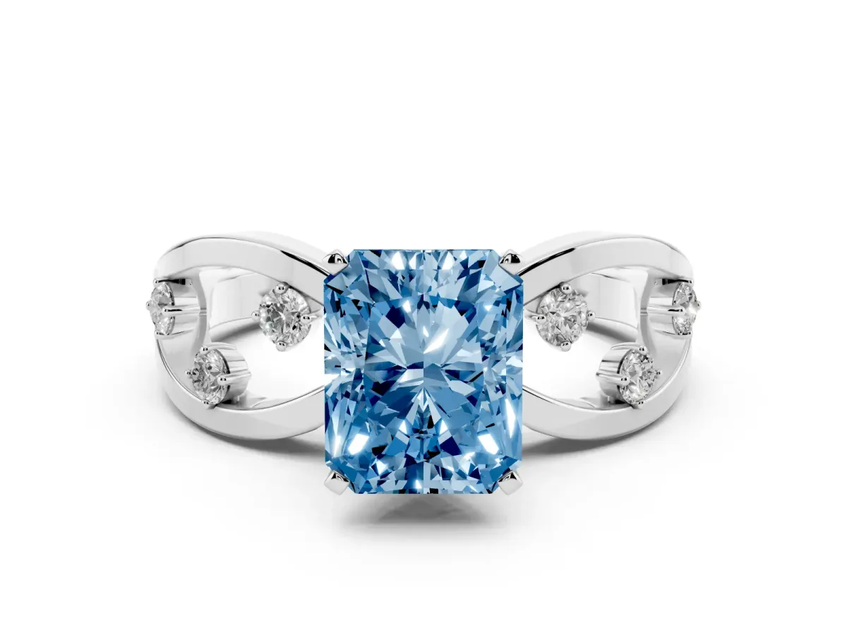 Fancy Blue Radiant Cut Cut Solitaire Diamond with Side Stones on Criss-Cross Band and Four-Prong Setting Platinum