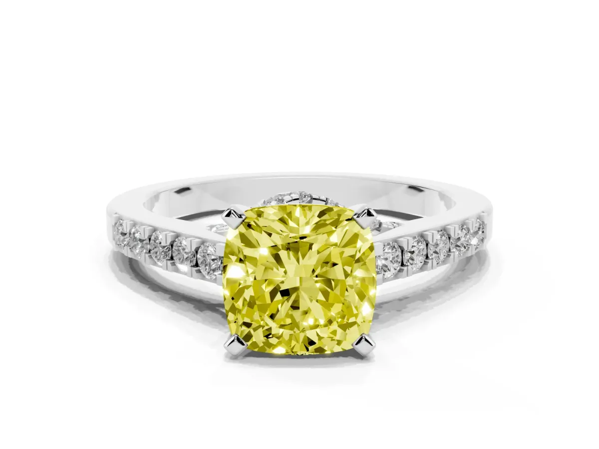 Fancy Yellow Cushion Cut Diamond Solitaire Ring with Crossover Gallery and Round Pavé Band Silver