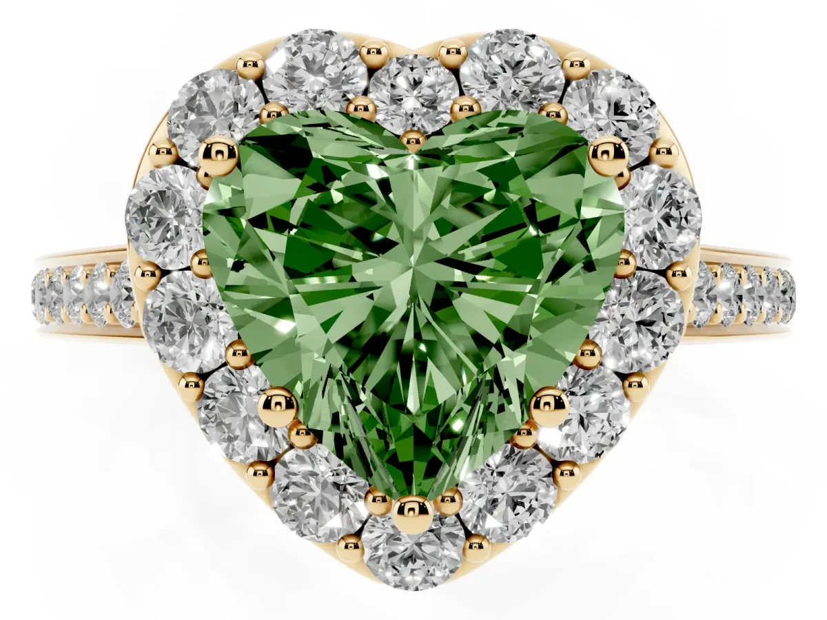 Fancy Green Heart Cut Diamond Floral Halo Ring with Pavé Band and Prong Setting Yellow gold