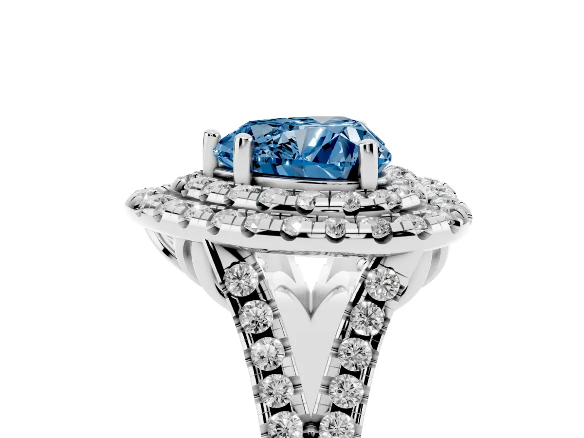 Fancy Blue Double Halo Heart Cut Diamond Pavé Split Shank Ring with Prong Setting Platinum