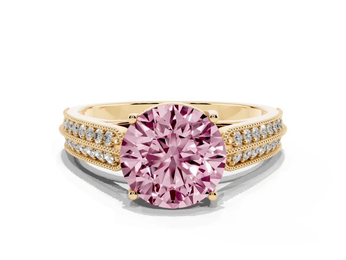 Fancy Pink Round Cut Cut Pave Split Shank Engagement Ring with Four-Prong Setting Yellow gold