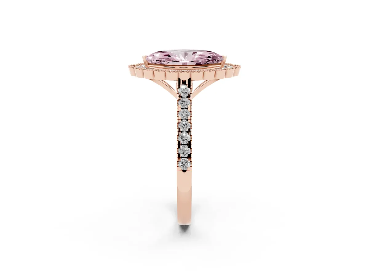 Fancy Pink Marquise Cut Cut Diamond Milgrain Floral Halo Engagement Ring with Pavé Band Rose gold