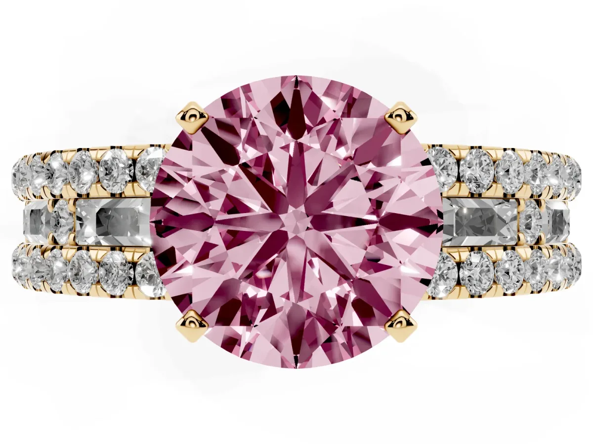 Fancy Pink Round Cut Diamond Solitaire Ring with Pavé and Channel Set Band Yellow gold
