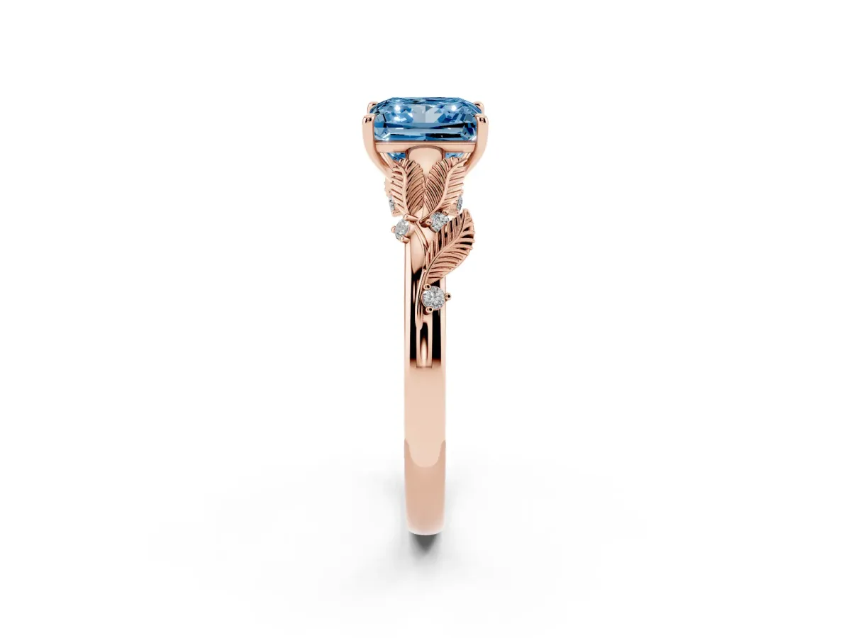 Fancy Blue Princess Cut Diamond Solitaire Ring with Leaf Motif Band and Four-Prong Setting Rose gold