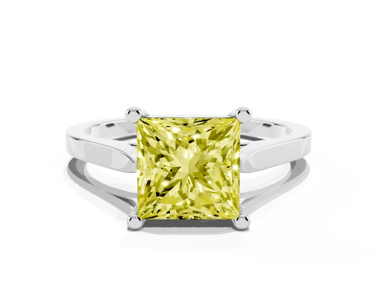 Fancy Yellow Princess Cut Solitaire Diamond Ring with Four-Prong Setting and Tapered Band White gold