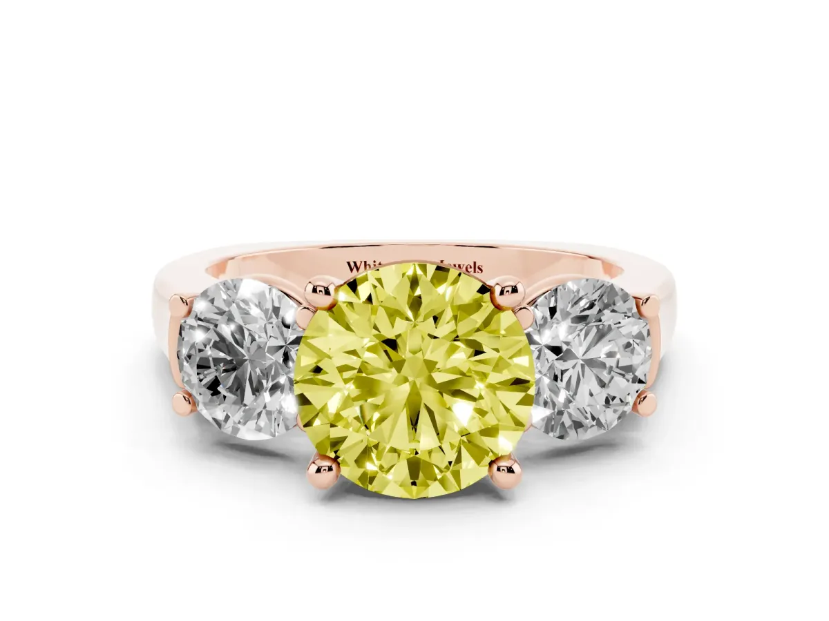 Fancy Yellow Three-Stone Round Cut Brilliant Diamond Trellis Ring with Comfort Fit Band Rose gold