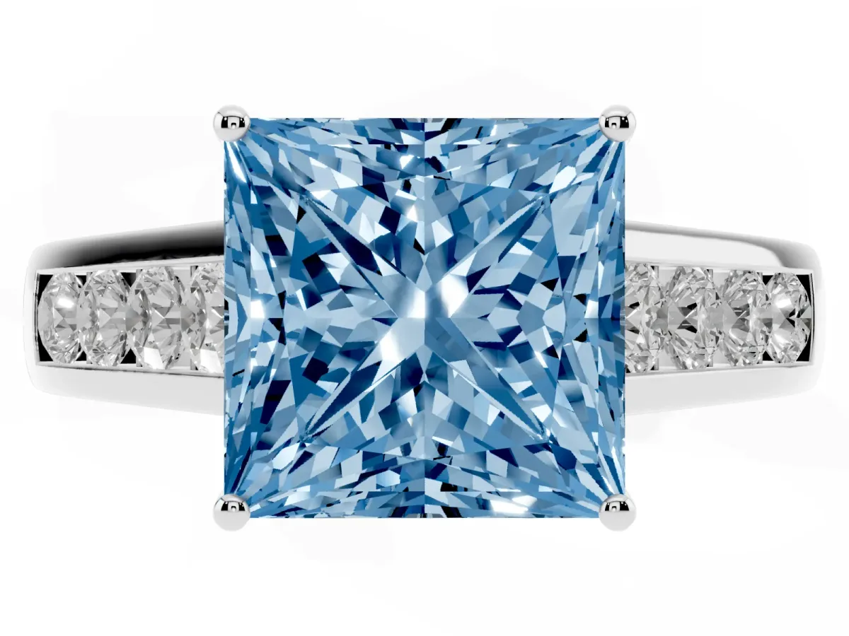 Fancy Blue Princess Cut Brilliant Channel-Set Solitaire Ring with Four-Prong Setting Silver
