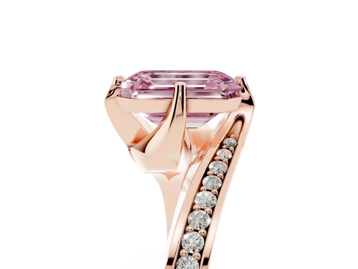 Fancy Pink Emerald Cut Solitaire Diamond Twist Band with Pavé Setting and Four-Prong Setting Rose gold