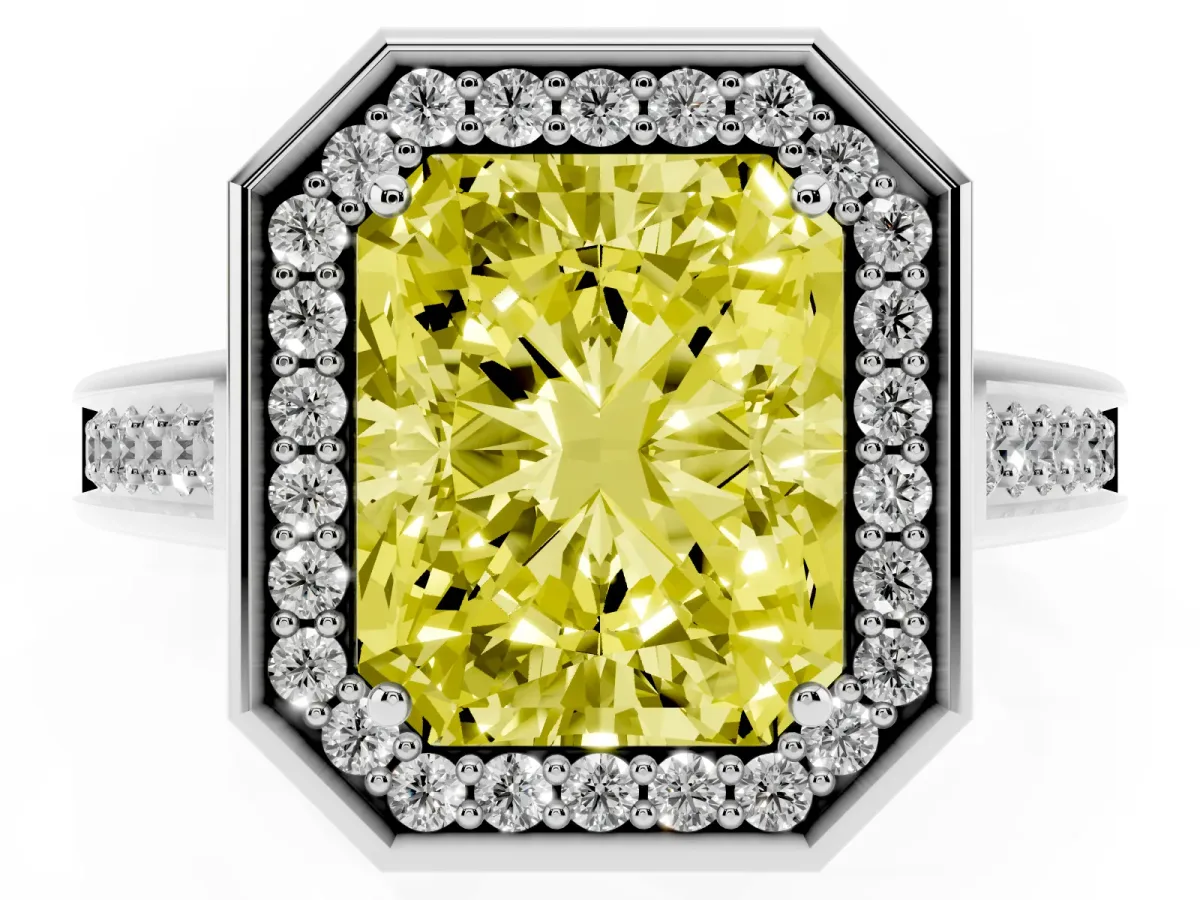 Fancy Yellow Emerald Cut Halo Solitaire Diamond Ring with Pave Band and Bezel Setting Silver