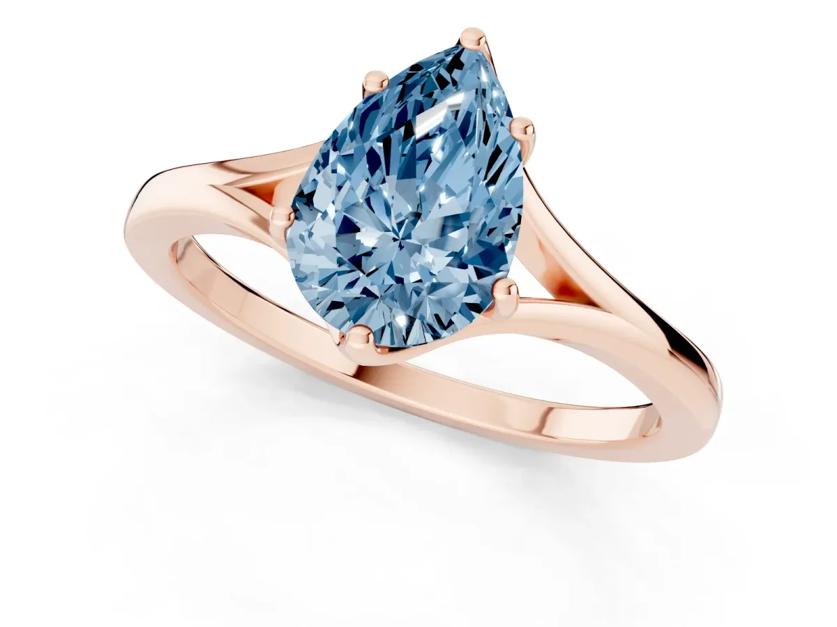 Fancy Blue Pear Cut Solitaire Diamond Ring with Six-Prong Setting and Tapered Band Rose gold