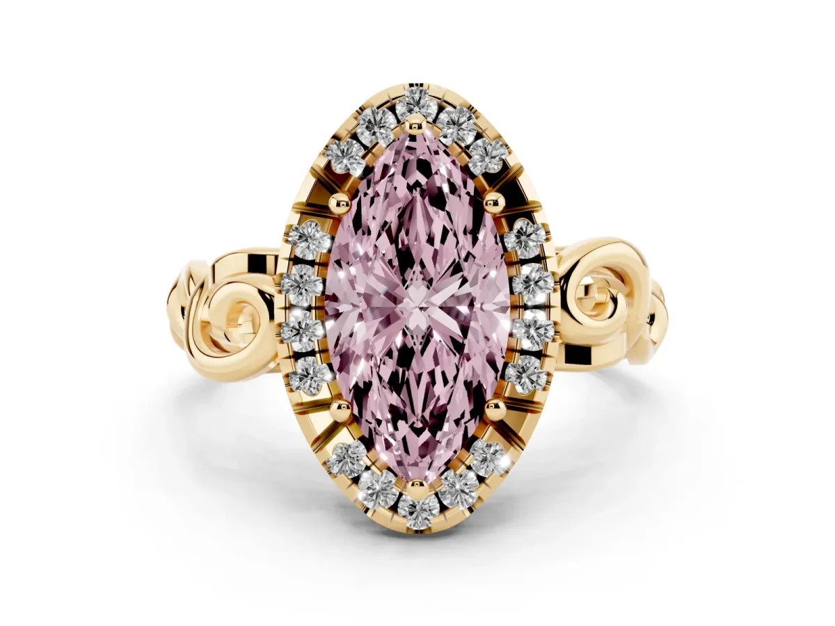 Fancy Pink Marquise Cut Cut Halo Diamond Ring with Scrollwork Band and Four-Prong Setting Yellow gold