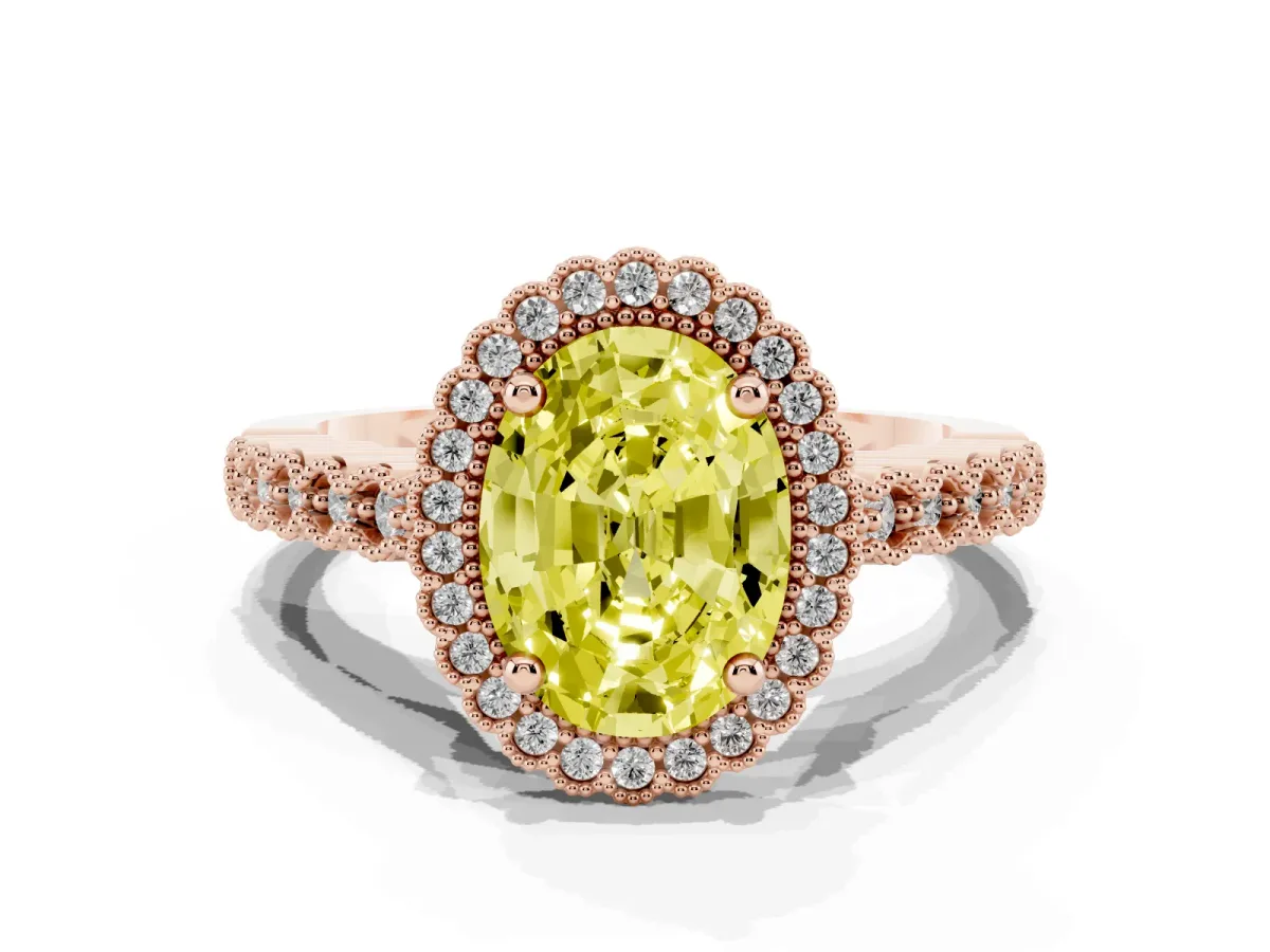 Fancy Yellow Oval Cut Cut Halo Pavé Solitaire Ring with Milgrain Band Rose gold