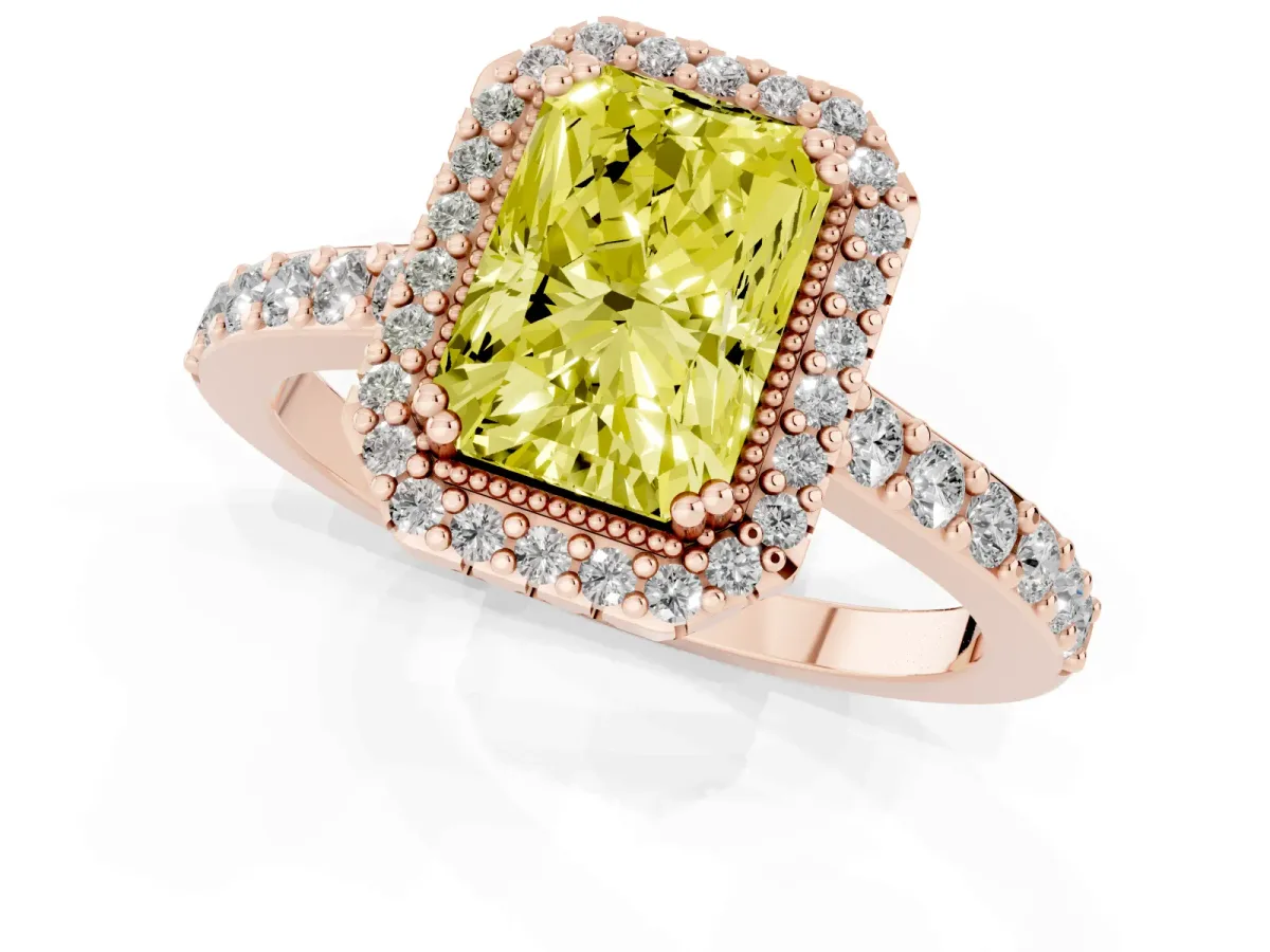 Fancy Yellow Radiant Cut Cut Diamond Halo Engagement Ring with Milgrain Detail and Pavé Band Rose gold