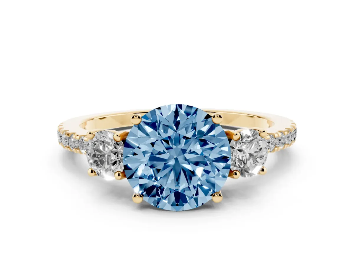 Fancy Blue Three-Stone Round Cut Cut Diamond Pavé Band with Prong Setting Yellow gold