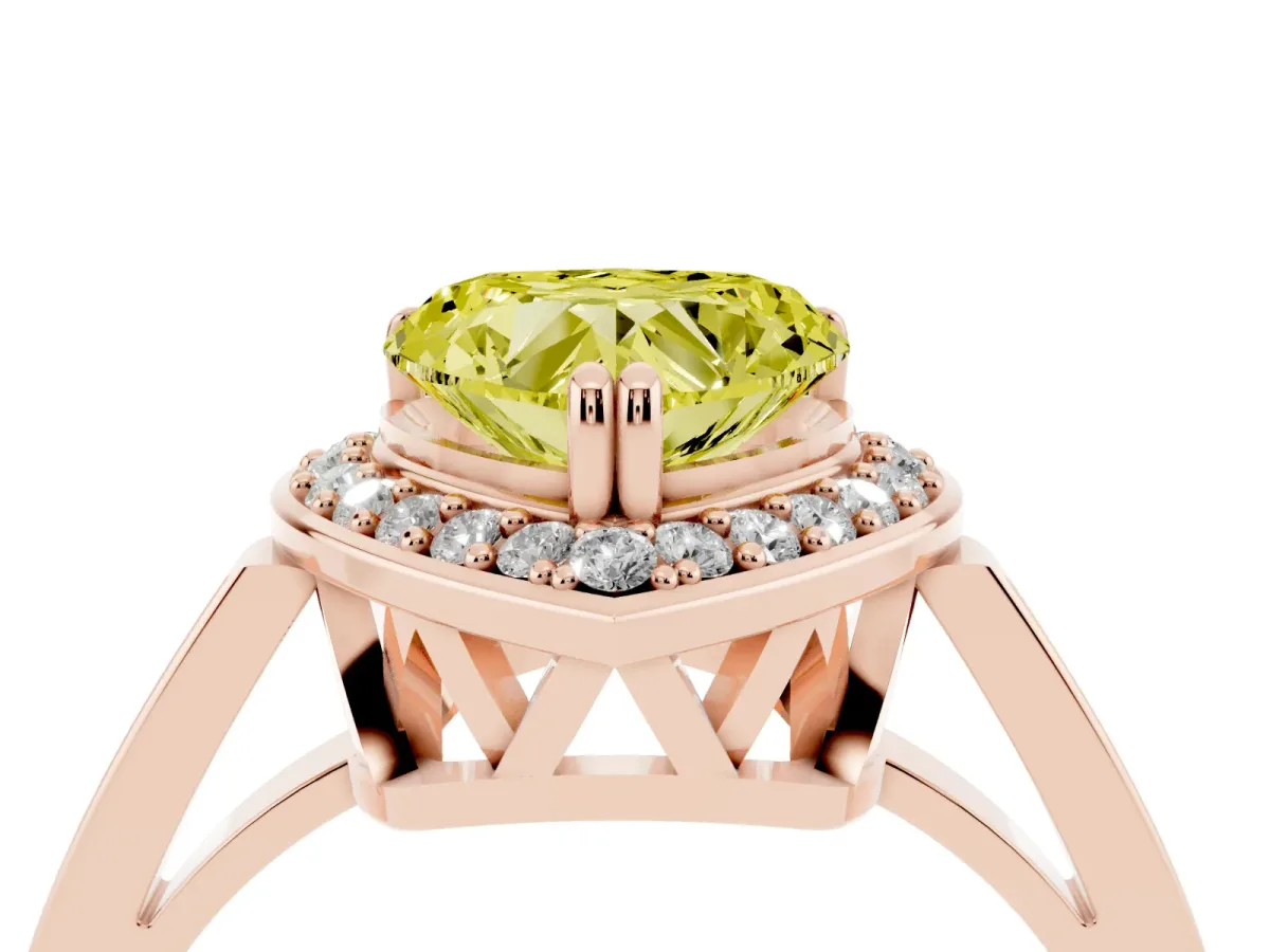 Fancy Yellow Heart Cut Diamond Halo Ring with Split Shank and Four-Prong Setting Rose gold
