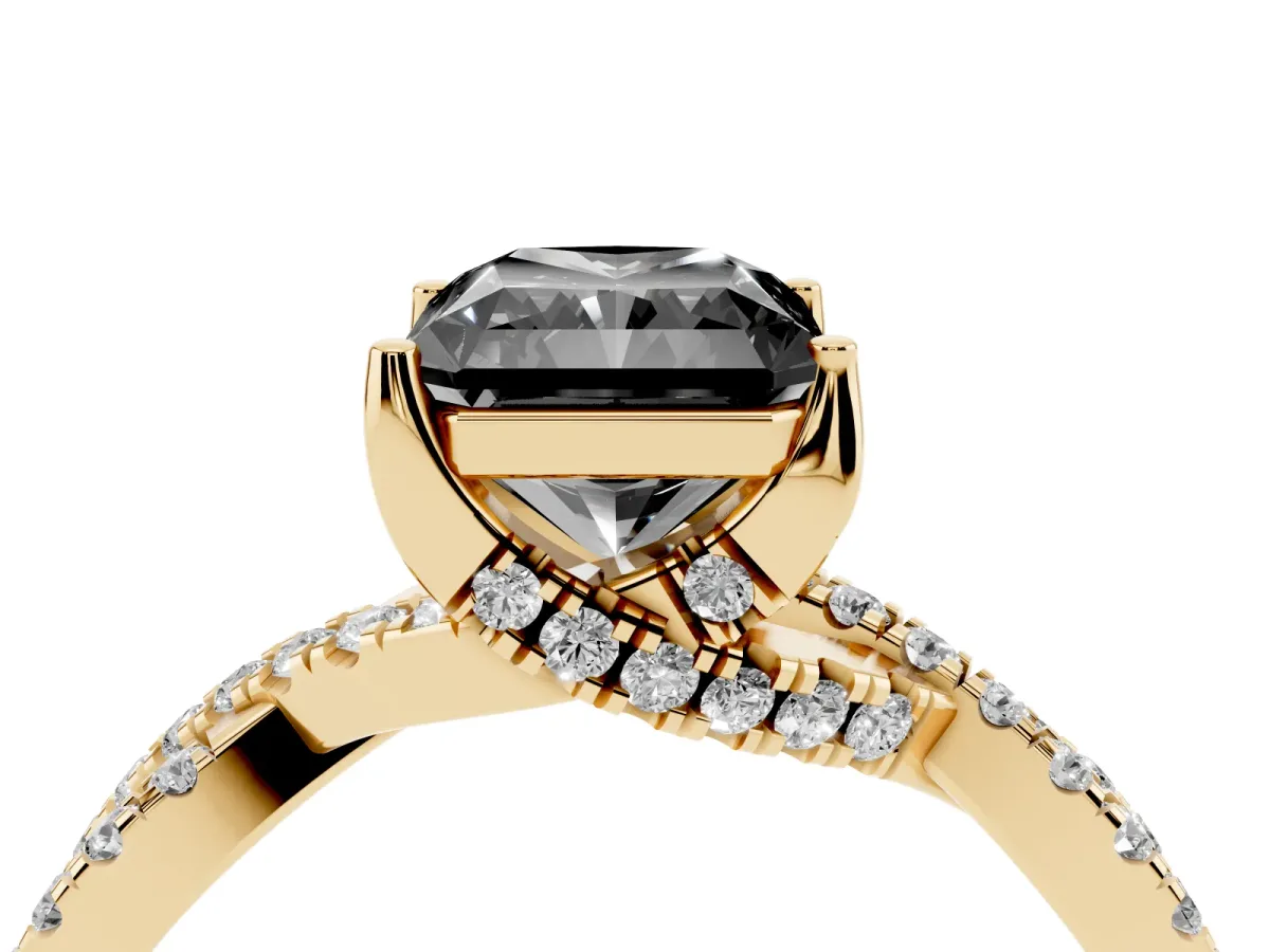 Fancy Black Radiant Cut Solitaire Twist Pave Diamond Engagement Ring with Prong Setting Yellow gold