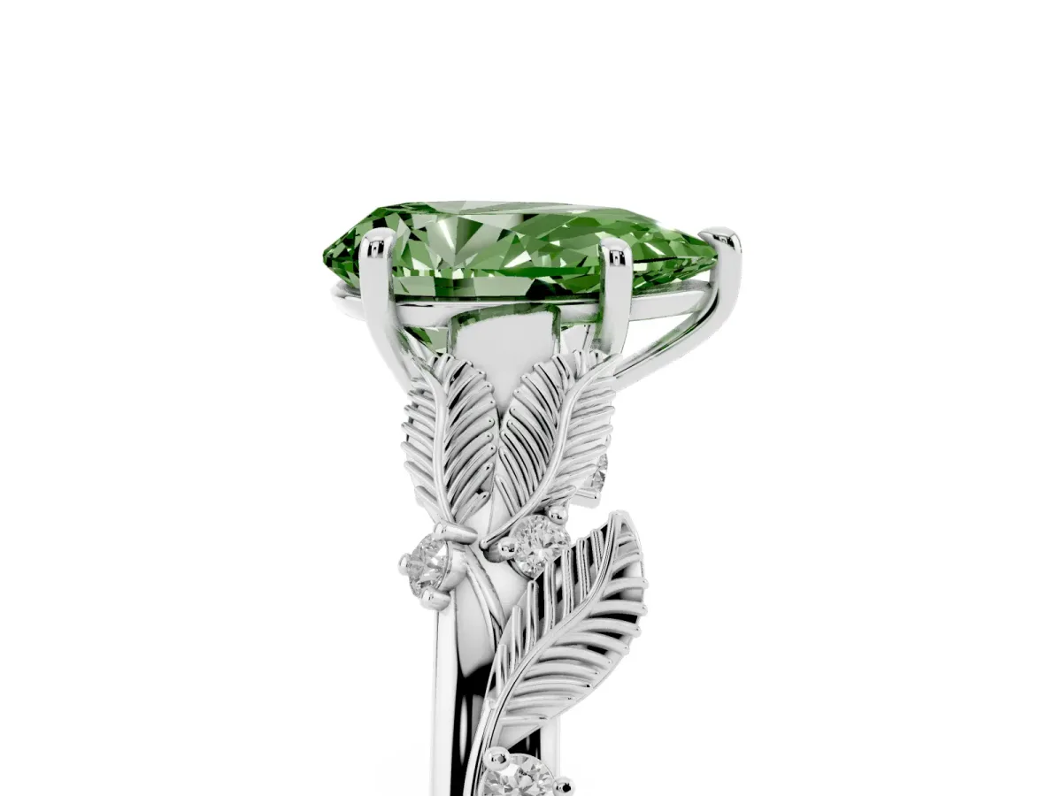 Fancy Green Pear Cut Diamond Solitaire Ring with Leaf Motif Band and Four-Prong Setting Silver