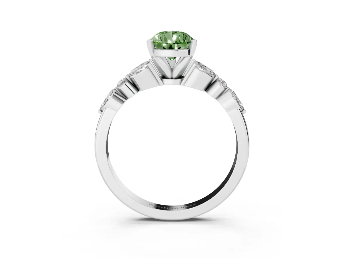 Fancy Green Pear Cut Diamond Solitaire Ring with Side Stones and Four-Prong Setting Silver