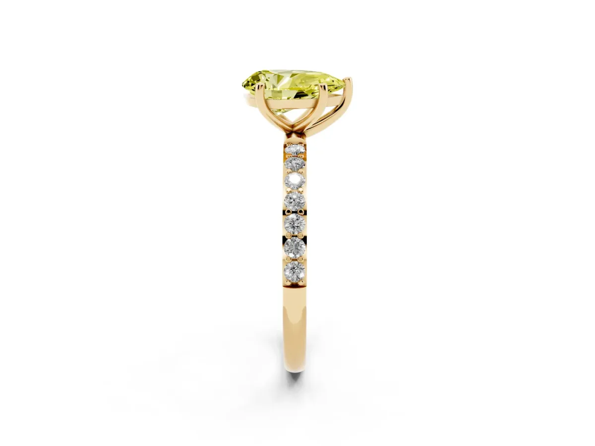 Fancy Yellow Pear Cut Diamond Solitaire Ring with Round Pavé Shoulders and Prong Setting Yellow gold