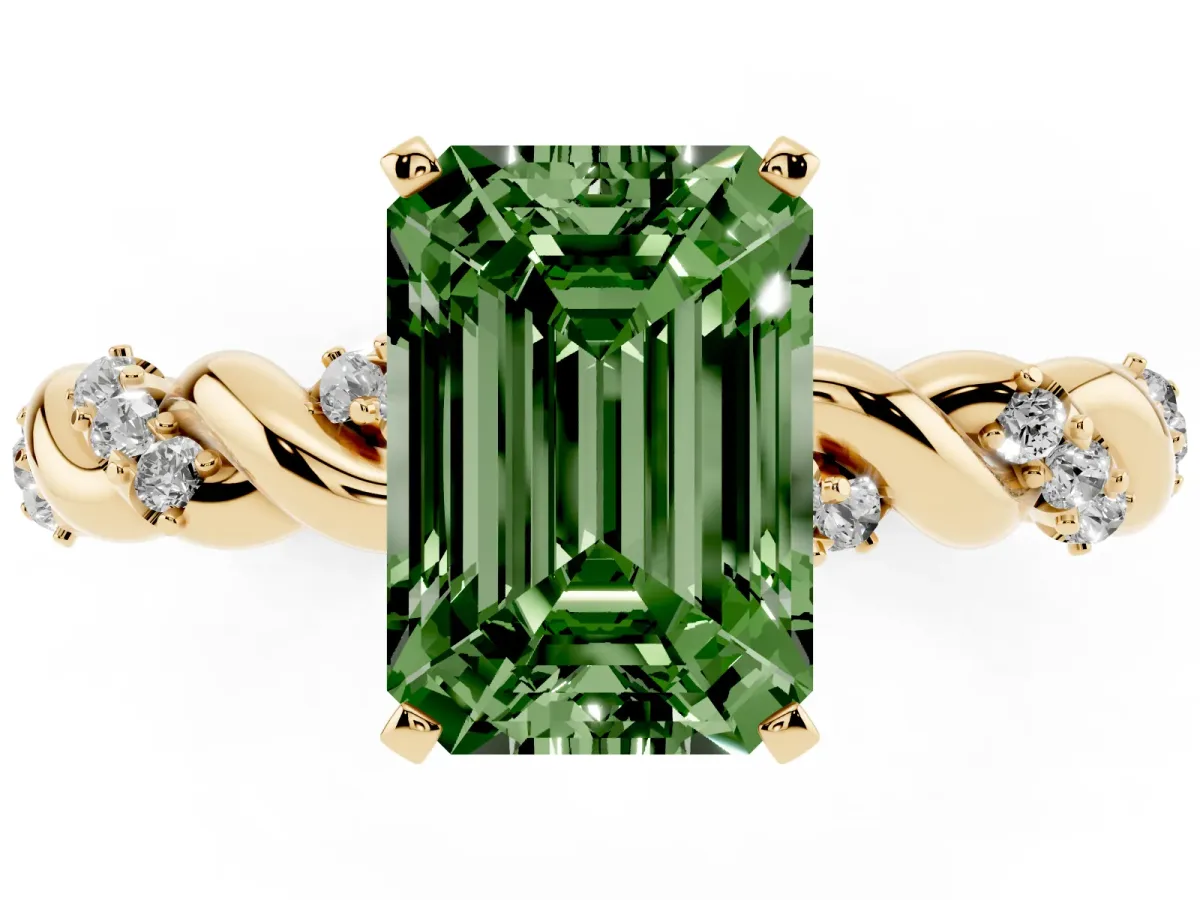 Fancy Green Emerald Cut Diamond Solitaire Ring with Twisted Band and Pavé Accents Yellow gold