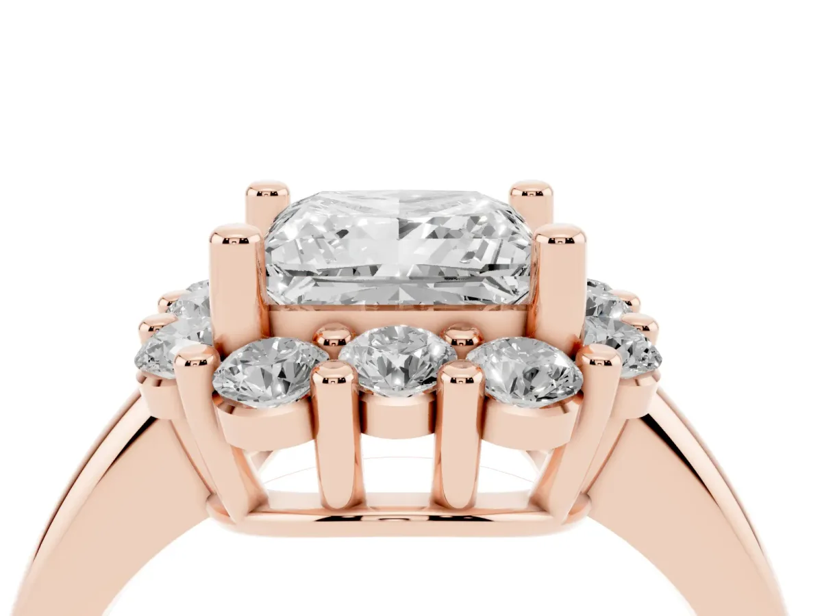 Princess Cut Halo Cluster Diamond Engagement Ring with Prong Setting and Polished Band Rose gold