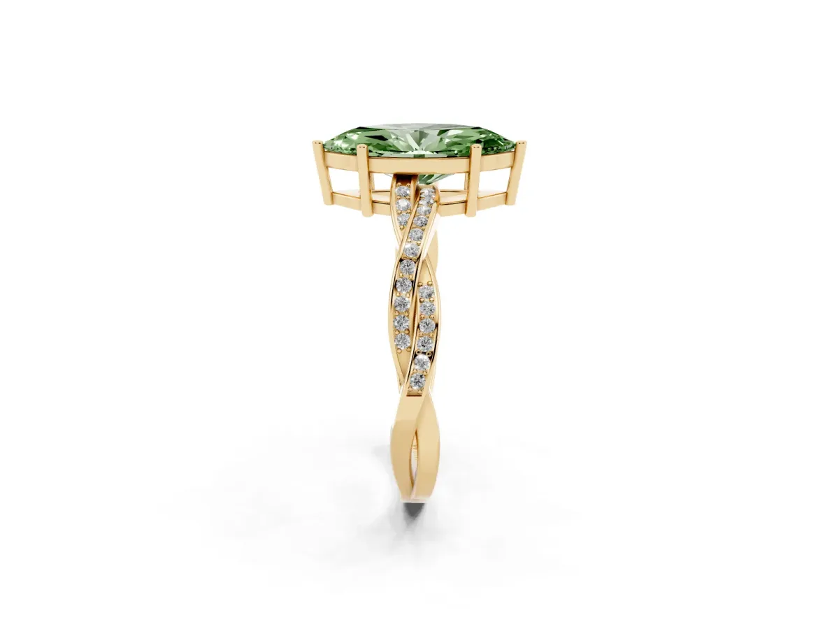 Fancy Green Marquise Cut Solitaire Twisted Pave Diamond Ring with Four-Prong Setting Yellow gold