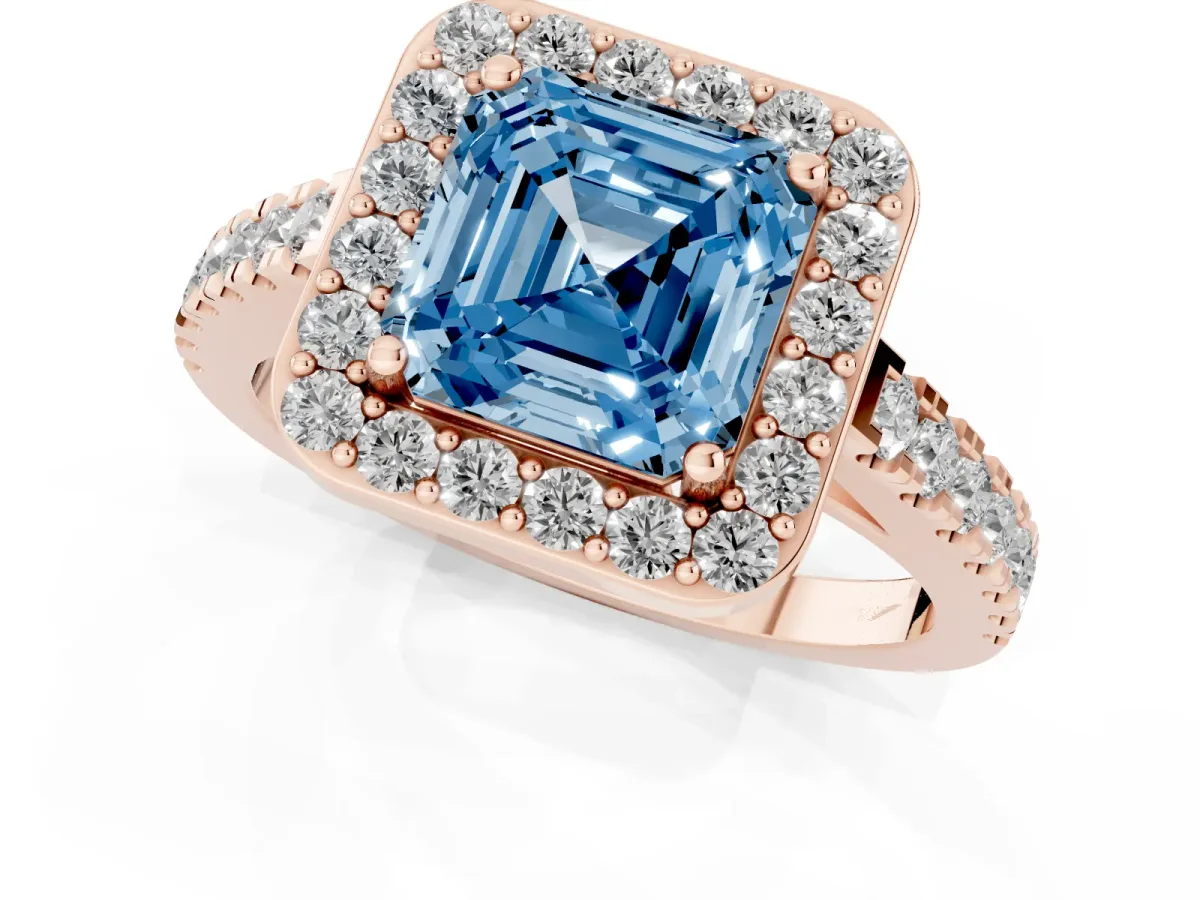 Fancy Blue Asscher Cut Diamond Halo Ring with Round Pavé Split Shank and Prong Setting Rose gold