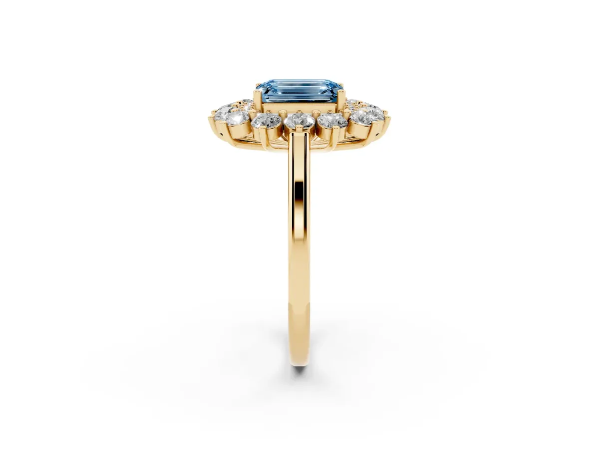 Fancy Blue Emerald Cut Diamond Floral Double Halo Engagement Ring with Prong Setting Yellow gold