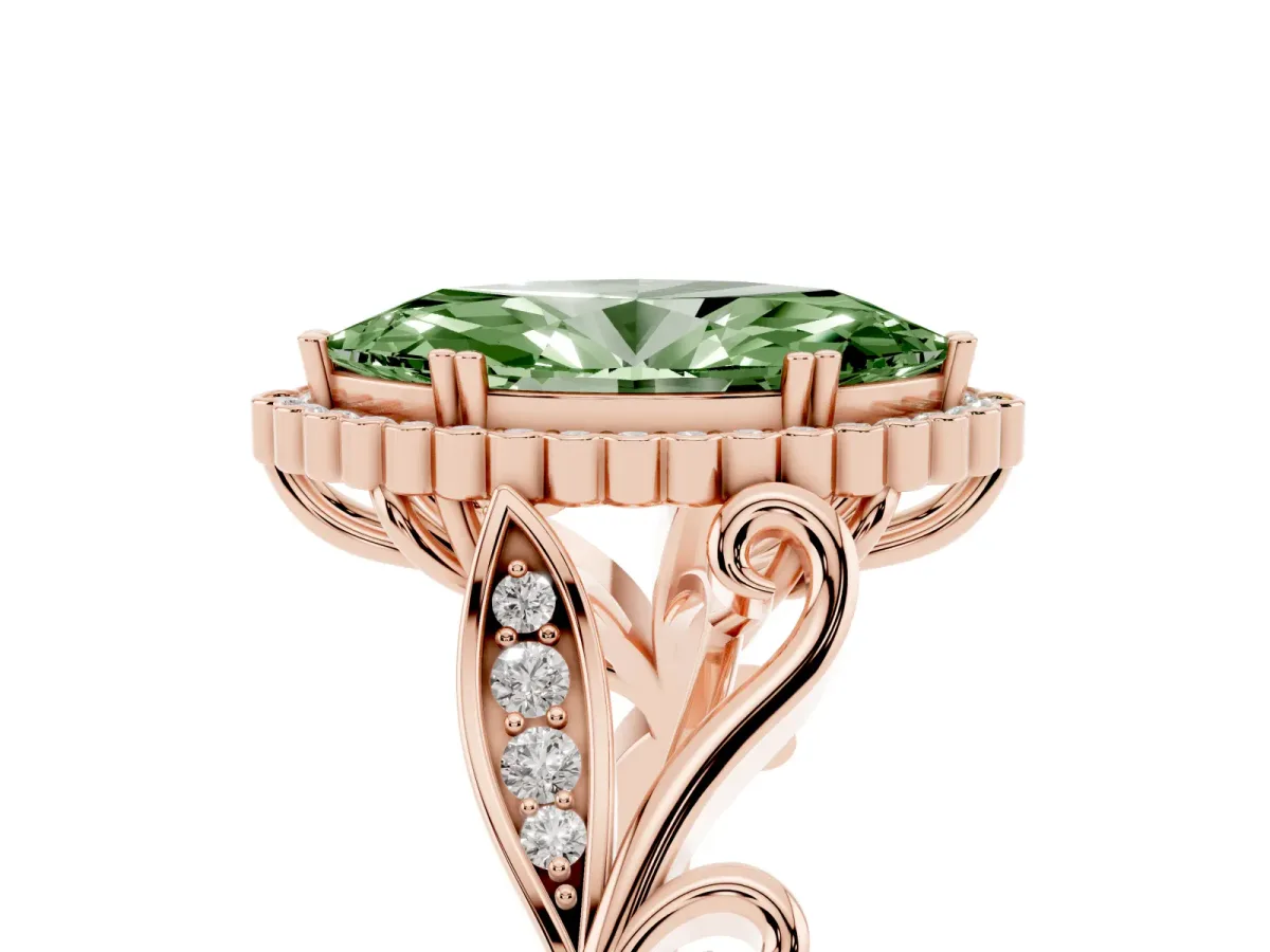 Fancy Green Marquise Cut Diamond Halo Ring with Vintage Split Shank and Four-Prong Setting Rose gold