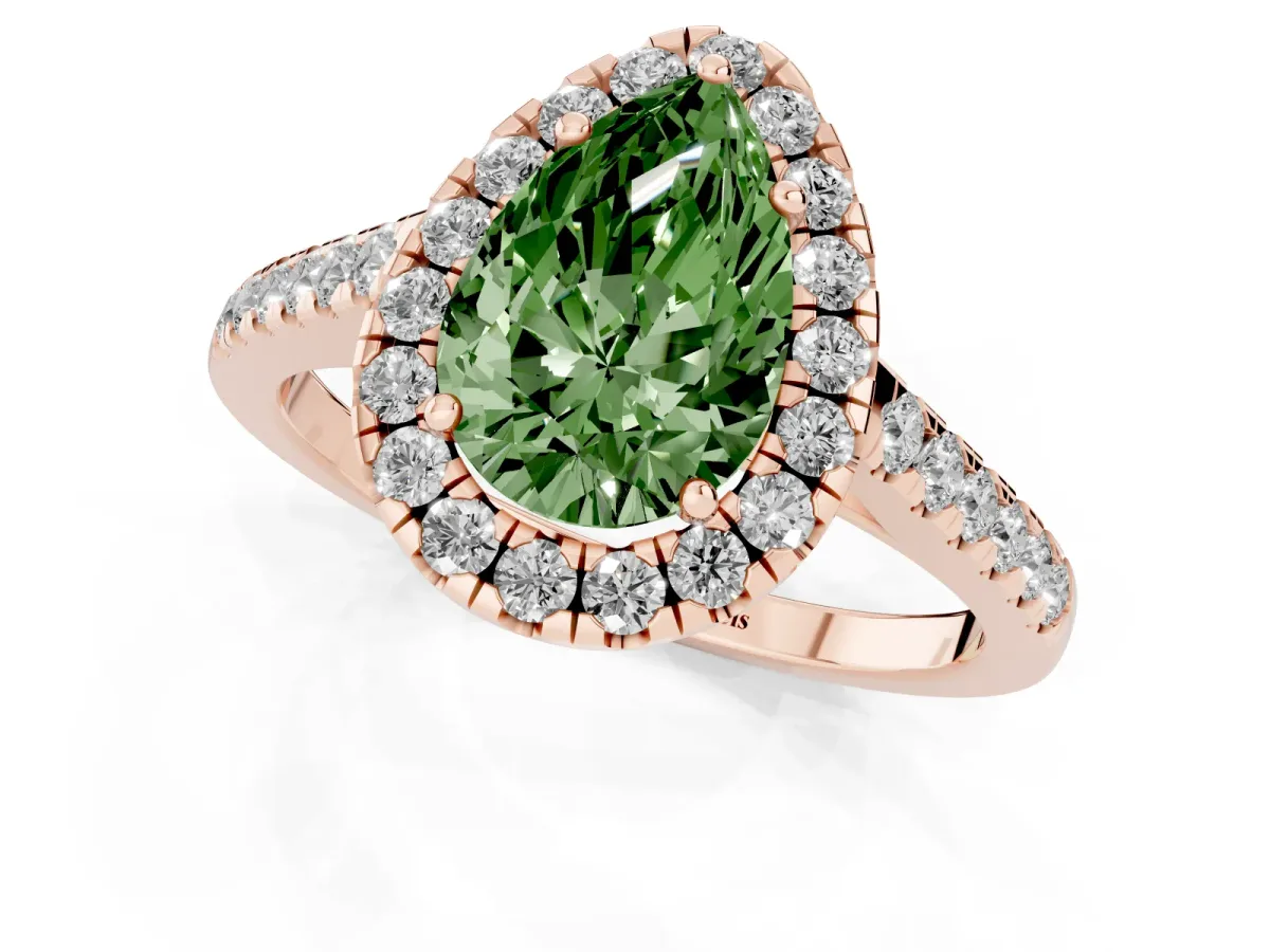 Fancy Green Pear Cut Halo Pave Diamond Engagement Ring with Four-Prong Setting Rose gold